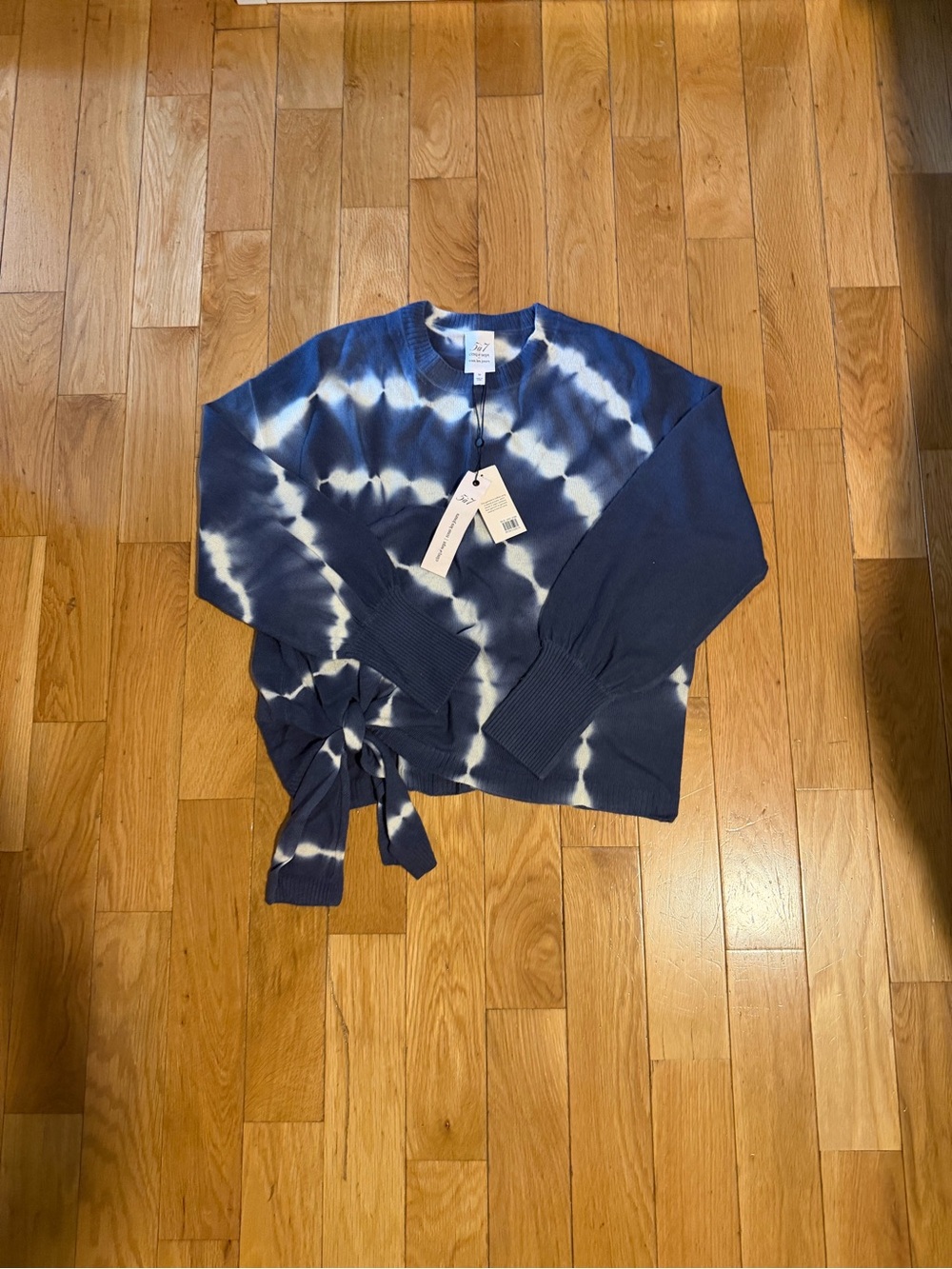 cinq a sept Navy and White Tie-Dye Crewneck Sweater with Side Tie
